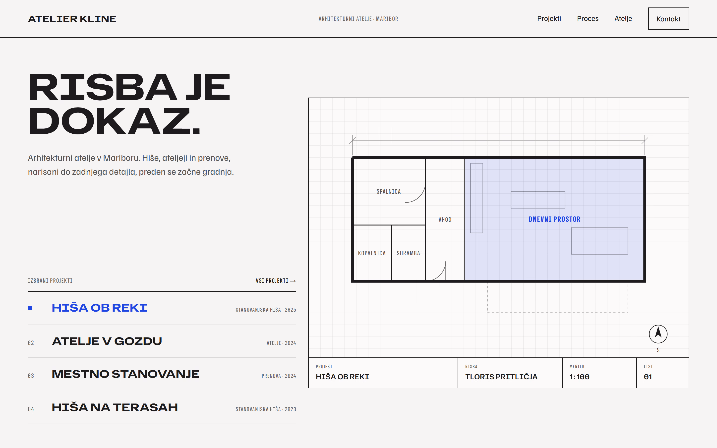 Prospify koncept domače strani za izmišljeno podjetje Atelier Kline (arhitektura) (Domača stran, namizje)