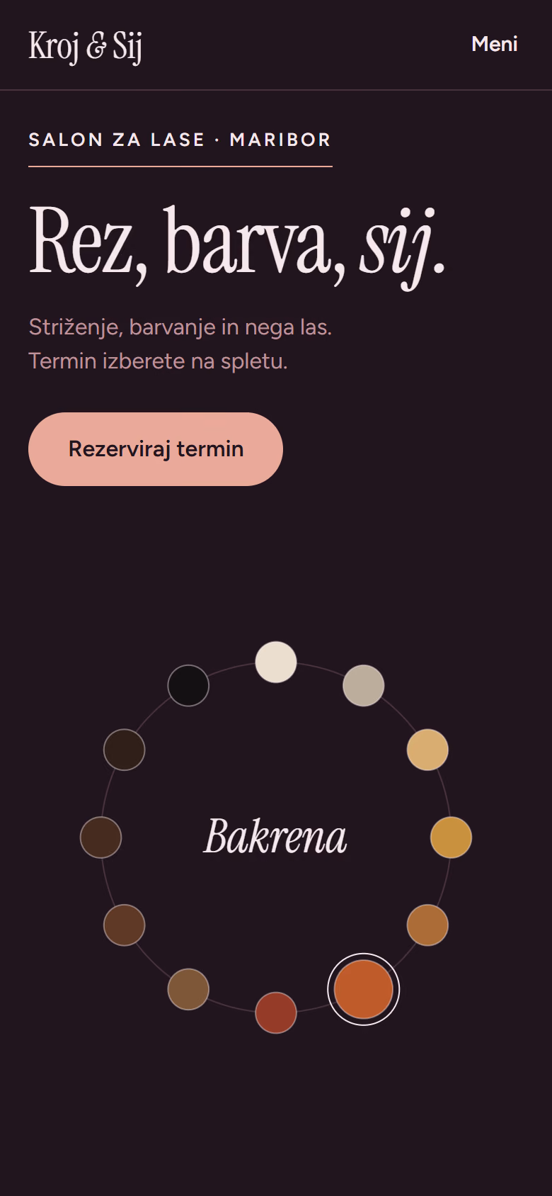 Prospify concept homepage for the fictional business Kroj & Sij (hair salon), phone