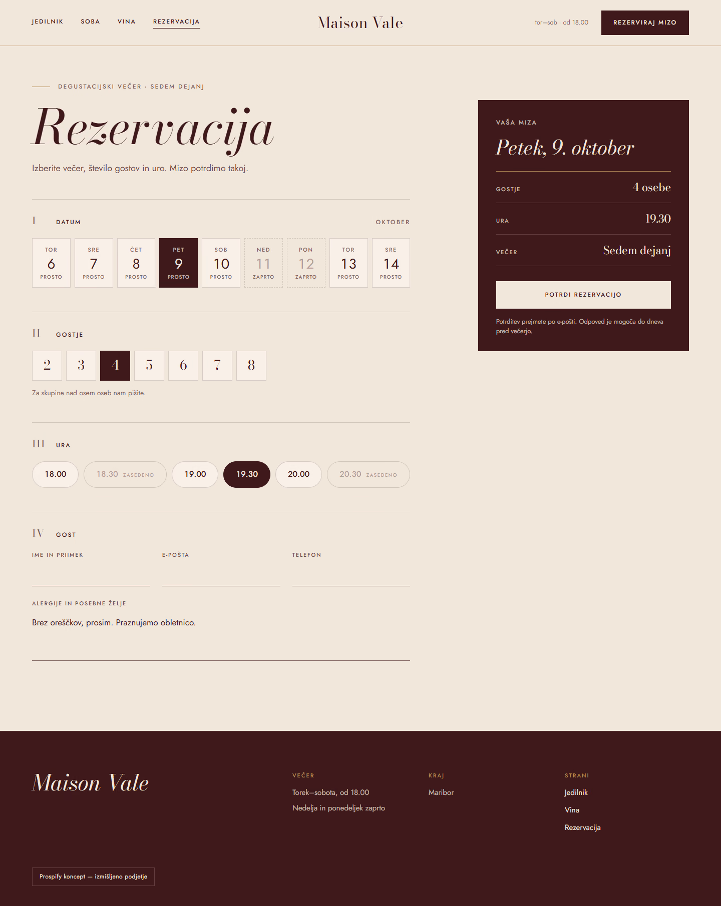 Maison Vale, koncept: Rezervacija (namizje)