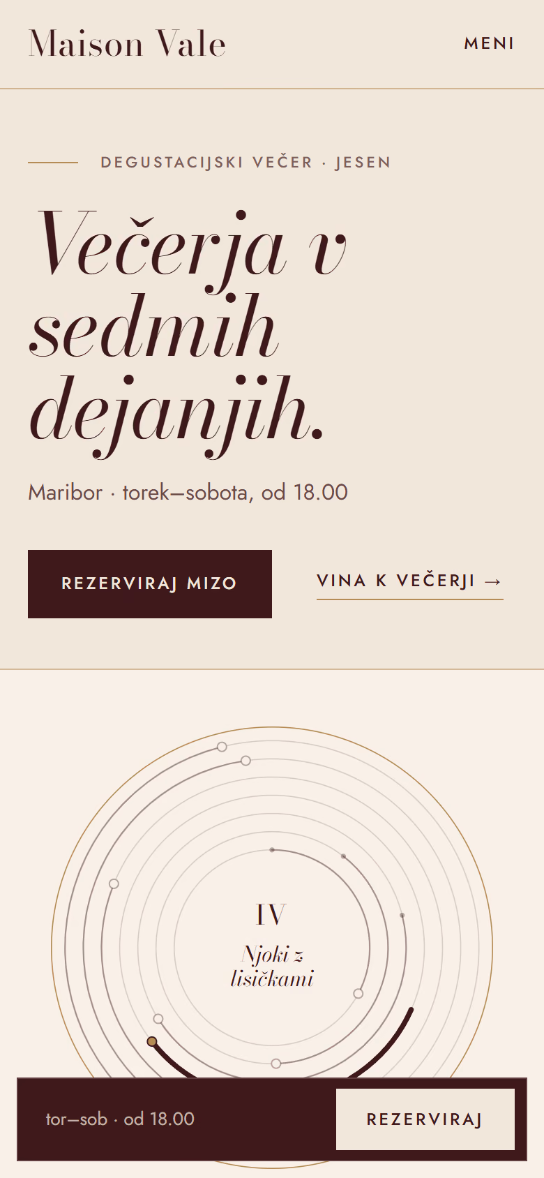 Prospify koncept domače strani za izmišljeno podjetje Maison Vale (restavracija)