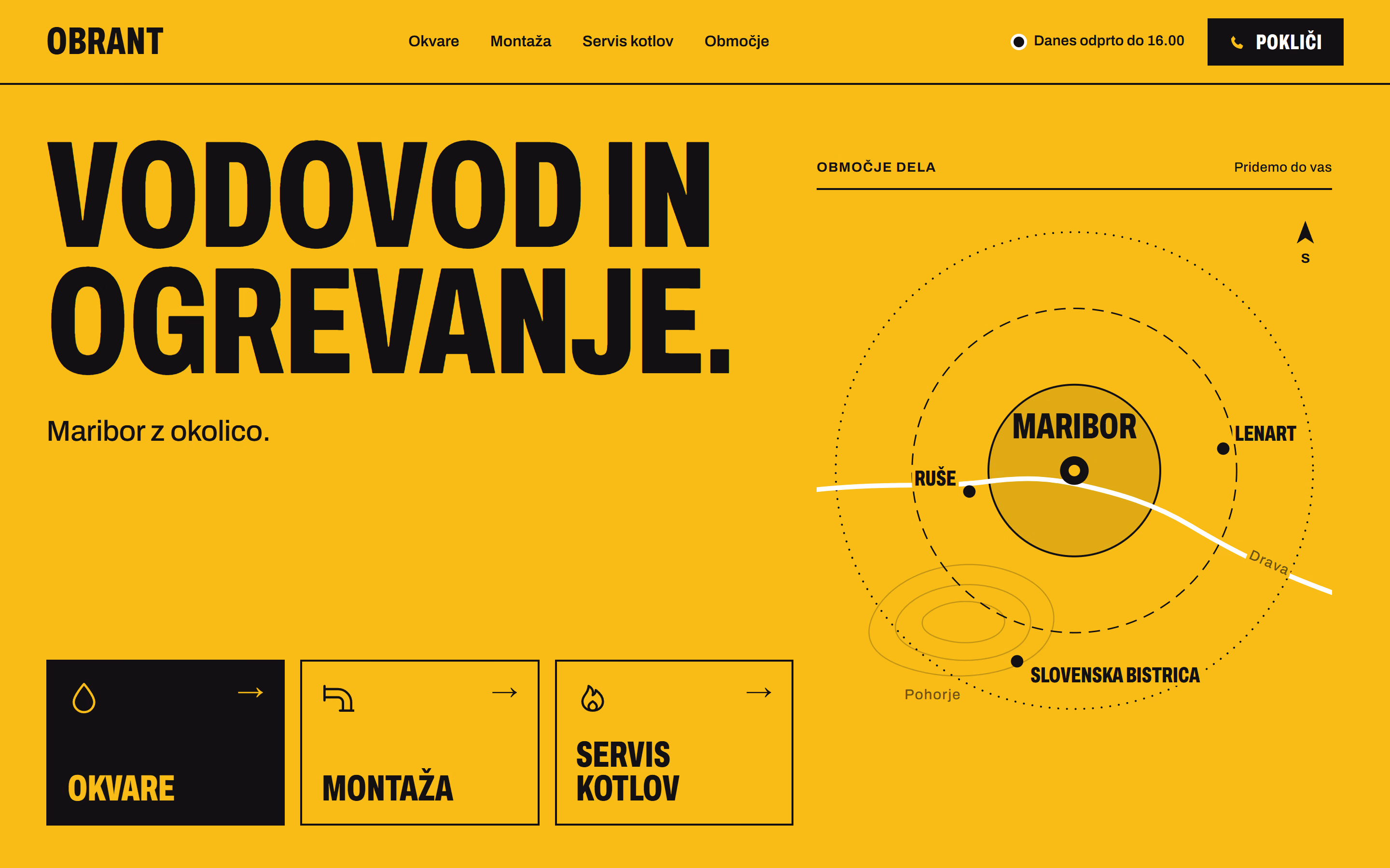 Prospify koncept domače strani za izmišljeno podjetje Obrant (vodovod in ogrevanje), namizje