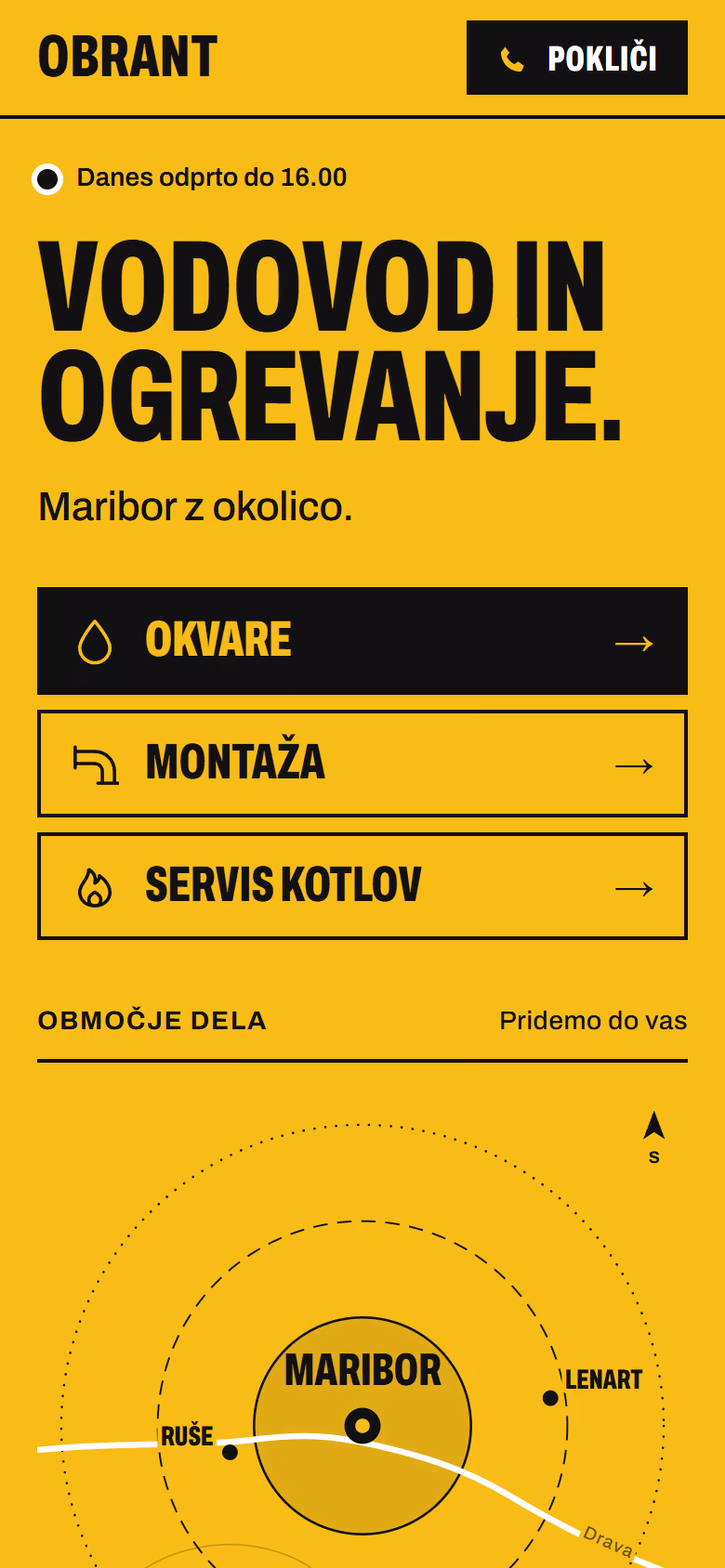 Prospify koncept domače strani za izmišljeno podjetje Obrant (vodovod in ogrevanje), telefon