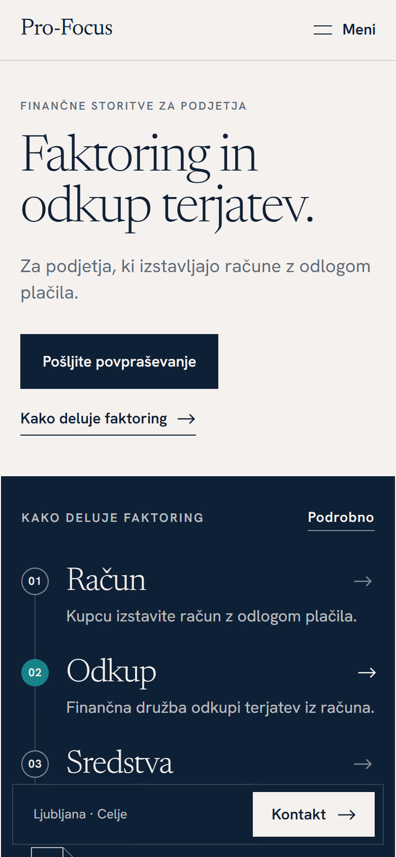 Prospify koncept domače strani za Pro-Focus (finančne storitve / faktoring); ni naročilo, ni izvedeno