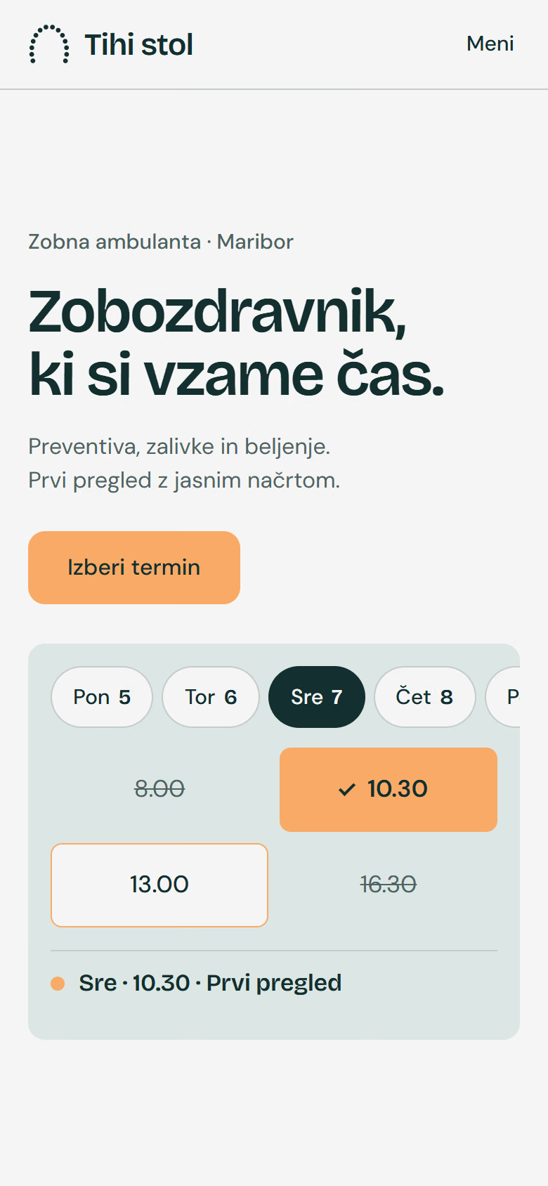 Prospify koncept domače strani za izmišljeno podjetje Tihi stol (zobna ambulanta), telefon